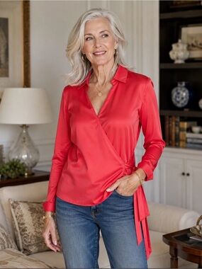 Silk 100% Vintage Y2K Nygard Collection Wrap Blouse – Coral